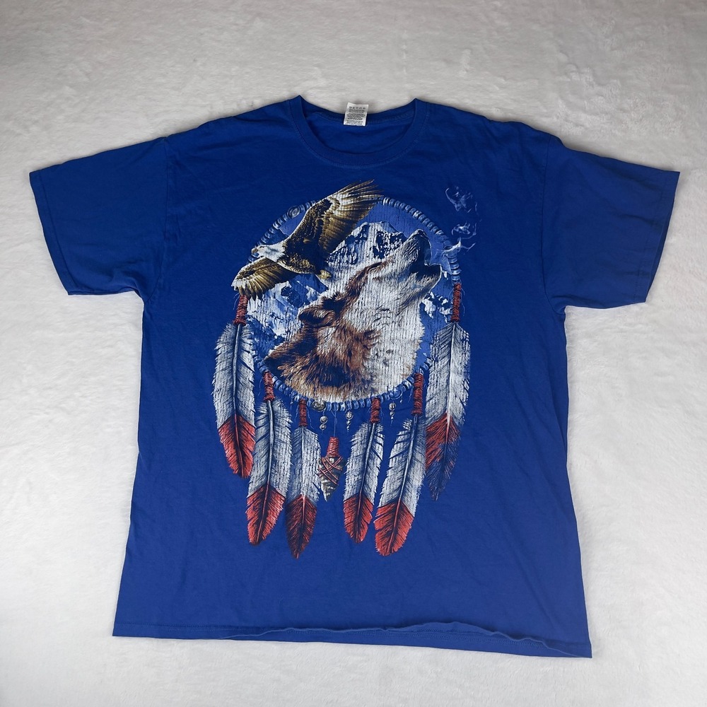 Mens T Shirt XL Blue Dream American Dream Catcher Wolf Eagle Crewβ Neck Pullover